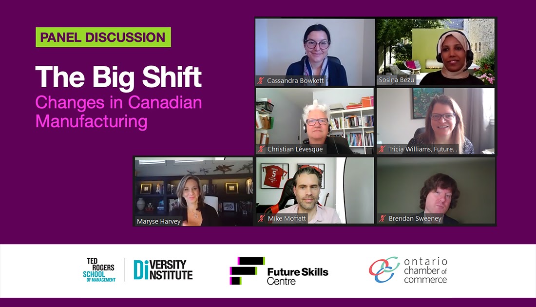 A graphic reading, “The Big Shift: Changes in Canadian manufacturing alongside screenshots of event speakers Cassandra Bowkett, Sosina Bezu, Christian Lévesque, Tricia William, Maryse Harvey, Mike Moffatt, and Brendan Sweeney